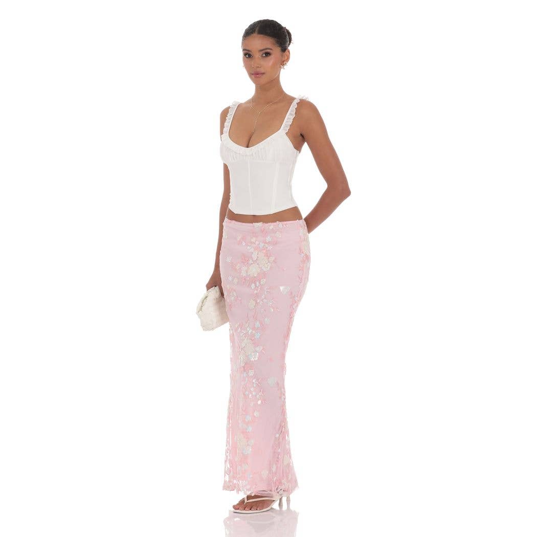 Sequin Floral Mesh Maxi Skirt in Pink
