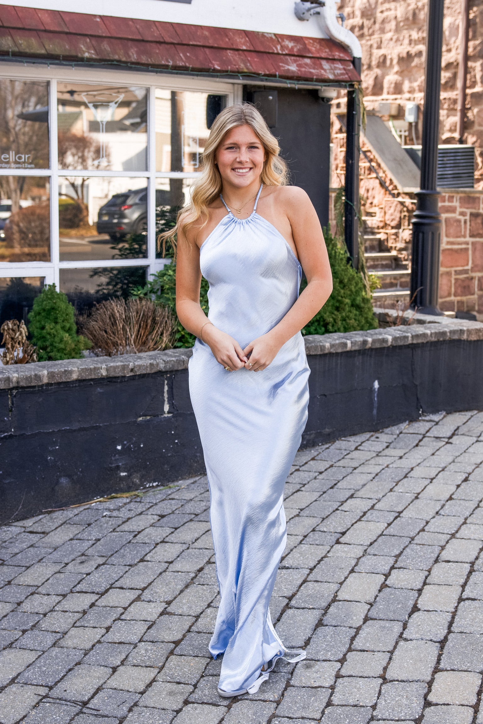 Rhinestone Satin Open Back Maxi Dress in Blue