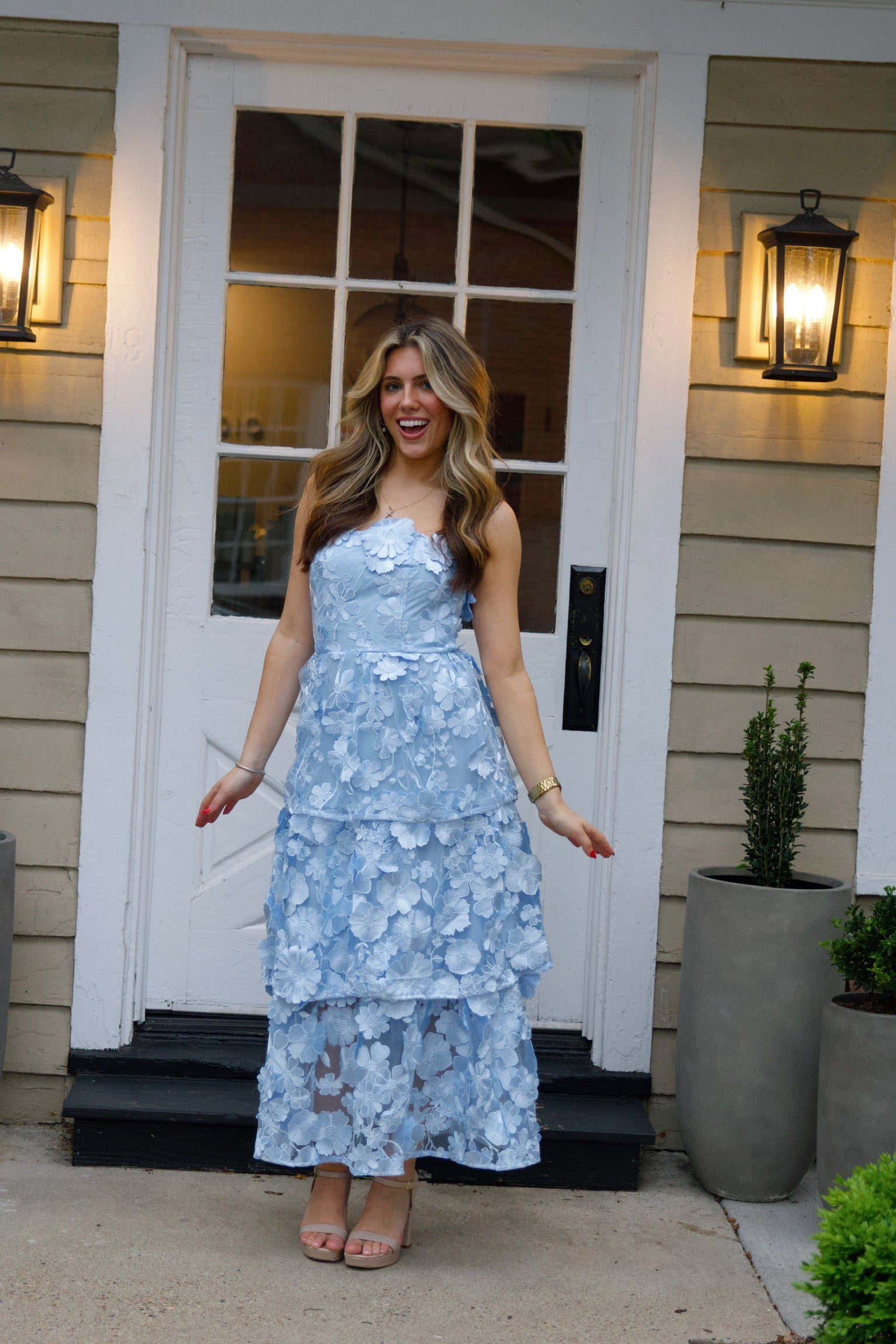 3D Flower Embroidered Strapless Tube Dress in Light Blue