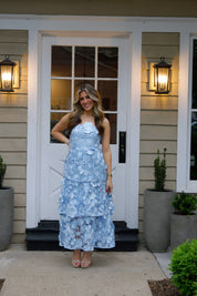 3D Flower Embroidered Strapless Tube Dress in Light Blue
