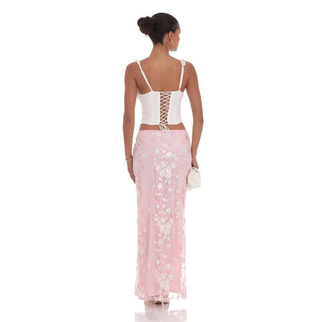 Sequin Floral Mesh Maxi Skirt in Pink