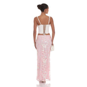 Sequin Floral Mesh Maxi Skirt in Pink