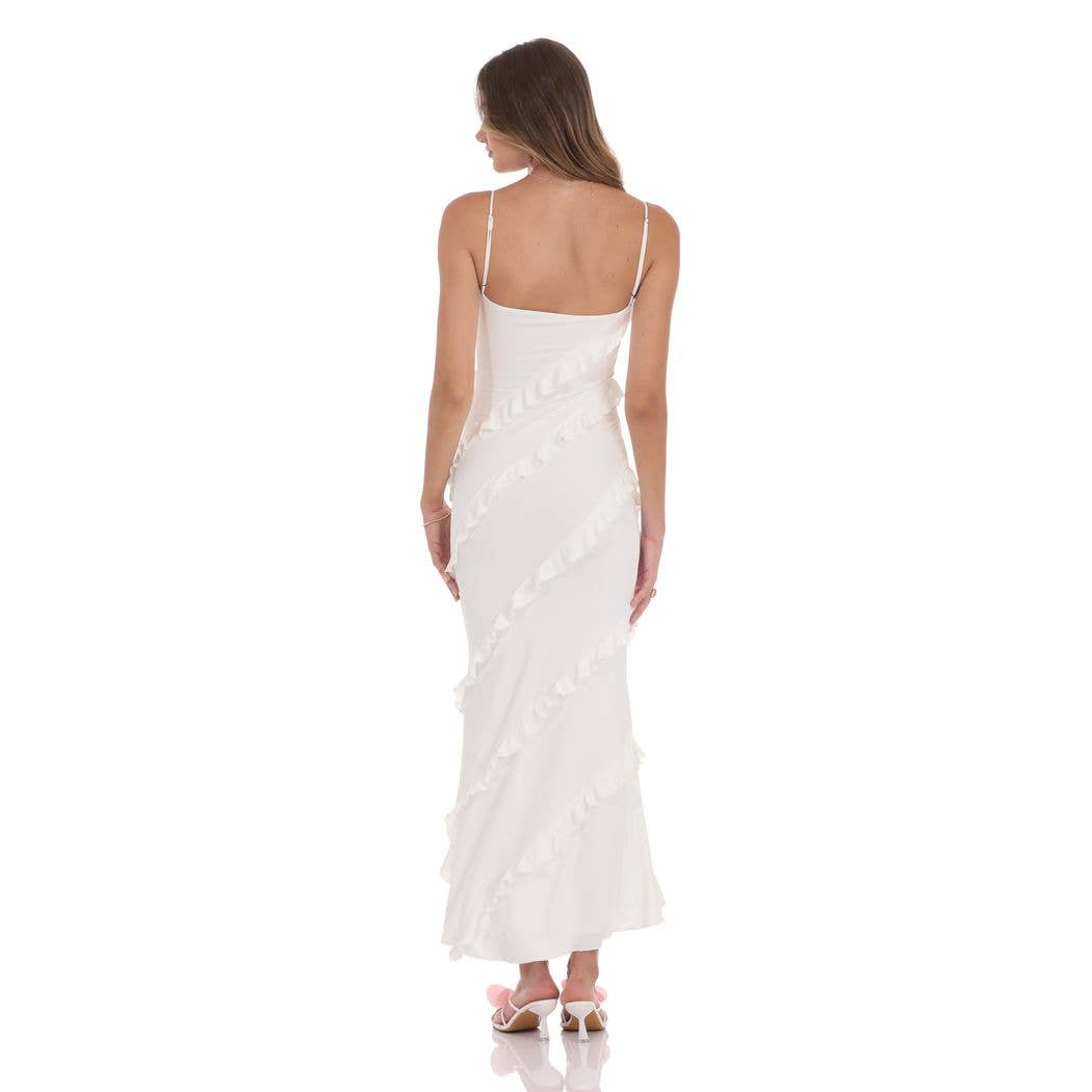 Ruffle V-Neck Maxi Dress in White
