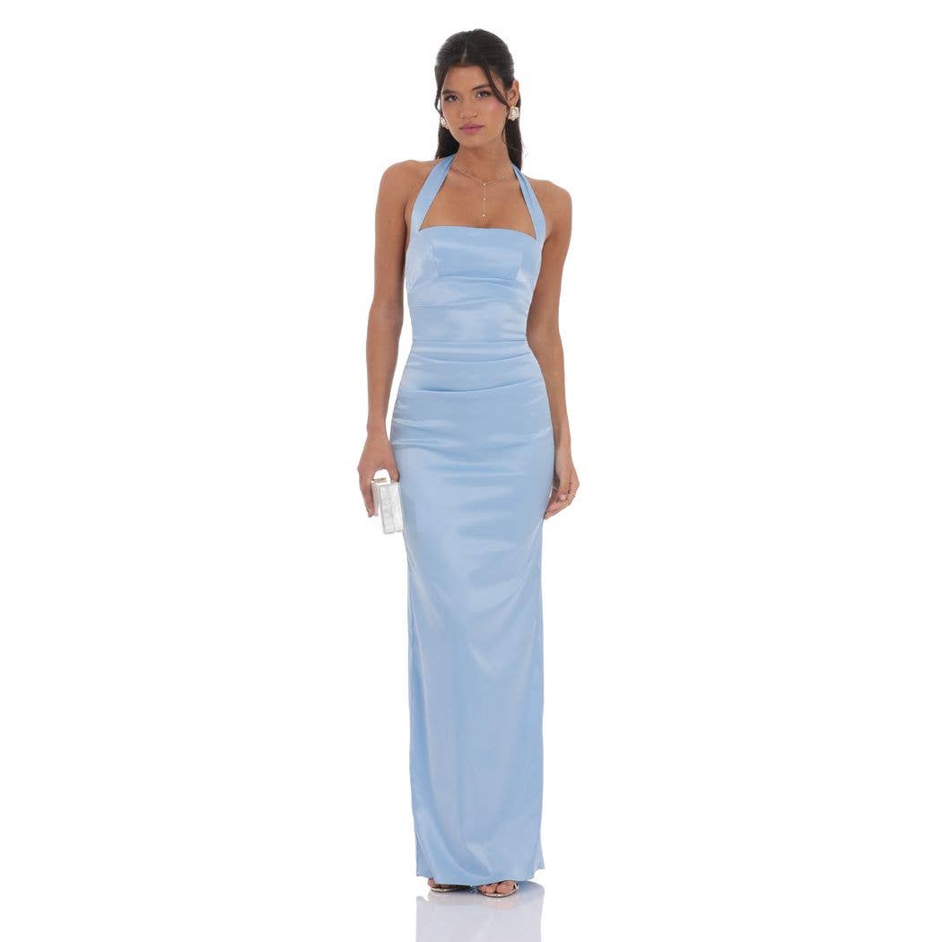 Satin Halter Maxi Dress in Blue – Giana Rose Couture