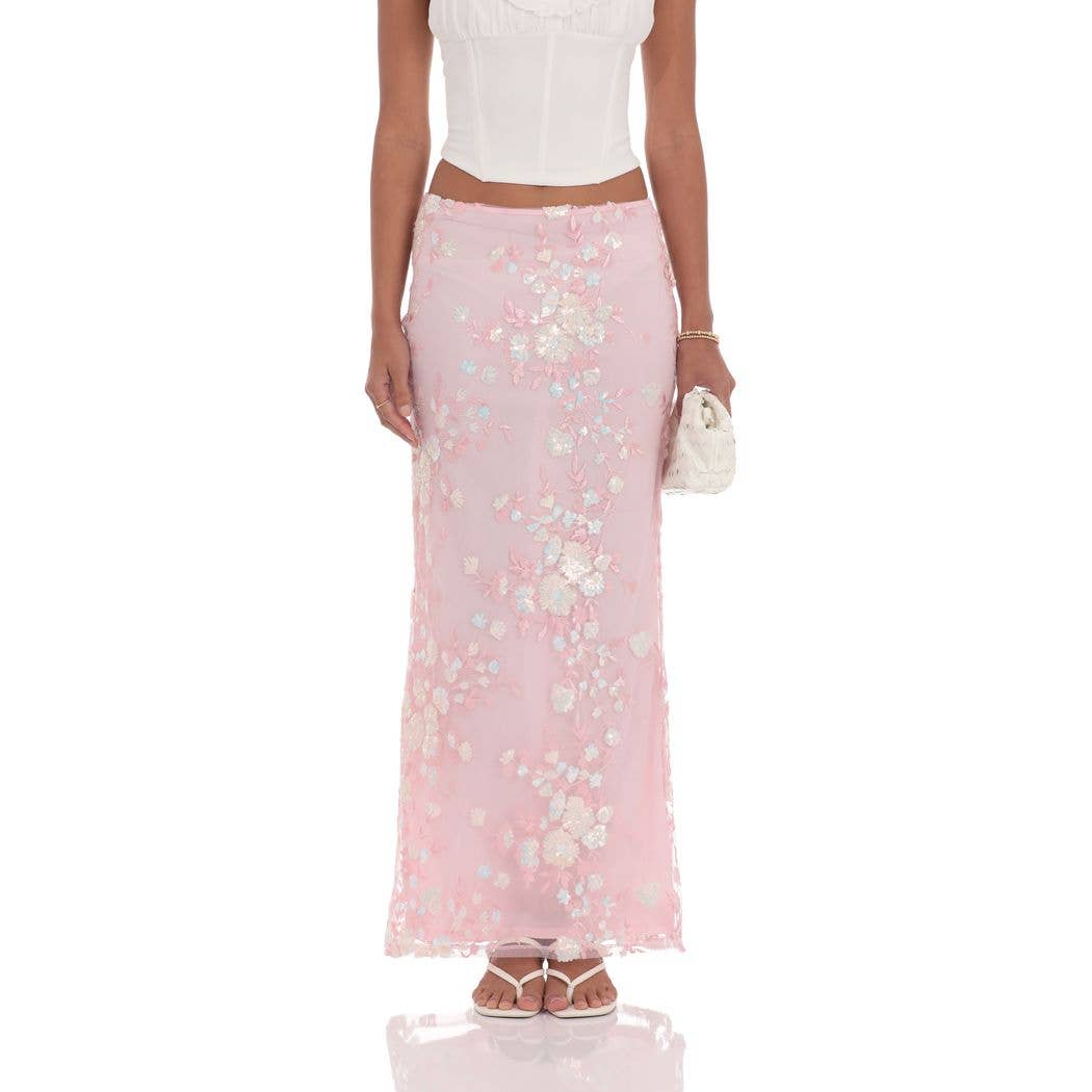 Sequin Floral Mesh Maxi Skirt in Pink