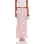 Sequin Floral Mesh Maxi Skirt in Pink