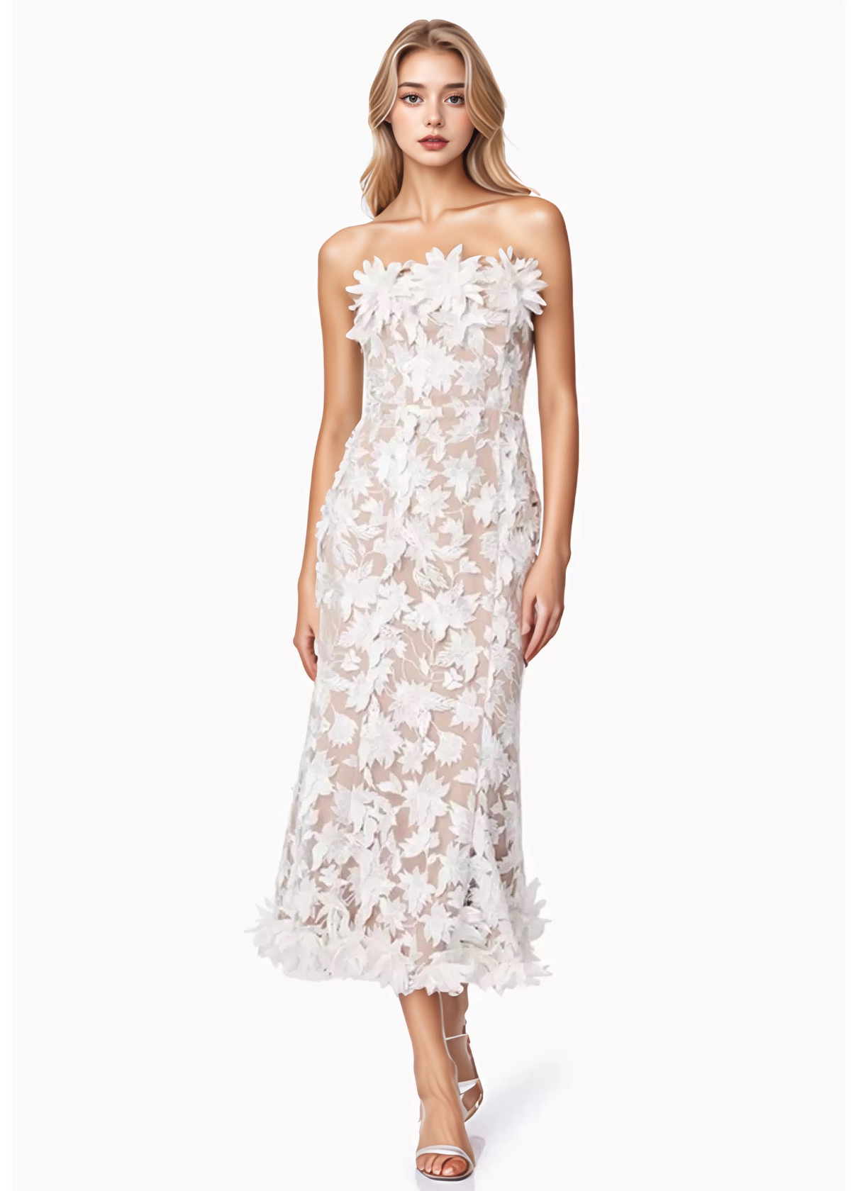 Elegant Summer Mesh 3D Embroidery Tube Top Dress in White XS Elegant Summer Mesh 3D Embroidery Tube Top Dress in White XS
