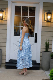 3D Flower Embroidered Strapless Tube Dress in Light Blue