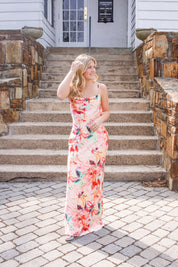 Adeline Sateen Long Dress in Coral Multi