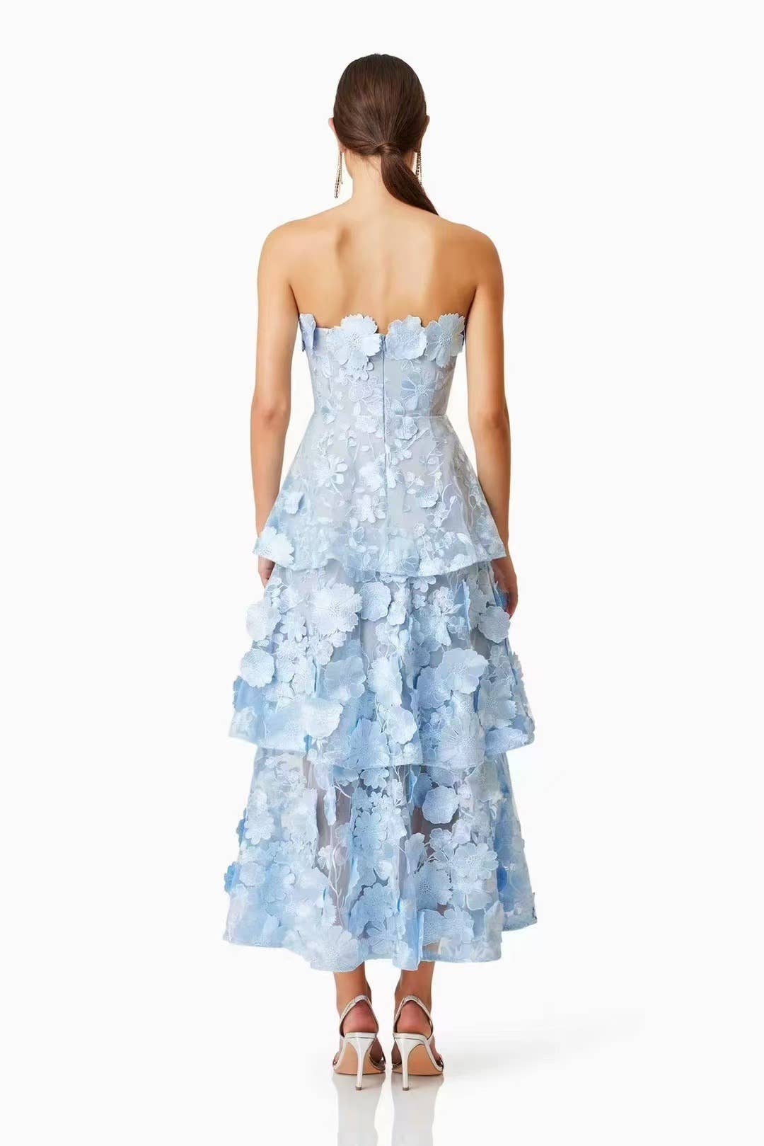 3D Flower Embroidered Strapless Tube Dress in Light Blue