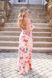 Adeline Sateen Long Dress in Coral Multi