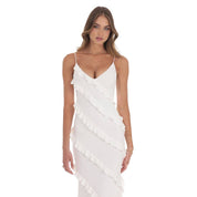Ruffle V-Neck Maxi Dress in White