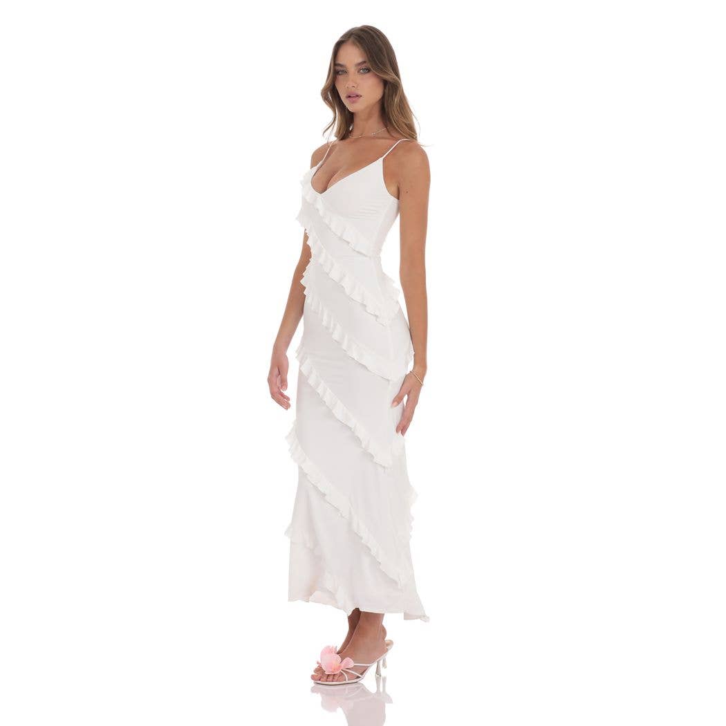 Ruffle V-Neck Maxi Dress in White