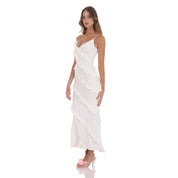 Ruffle V-Neck Maxi Dress in White