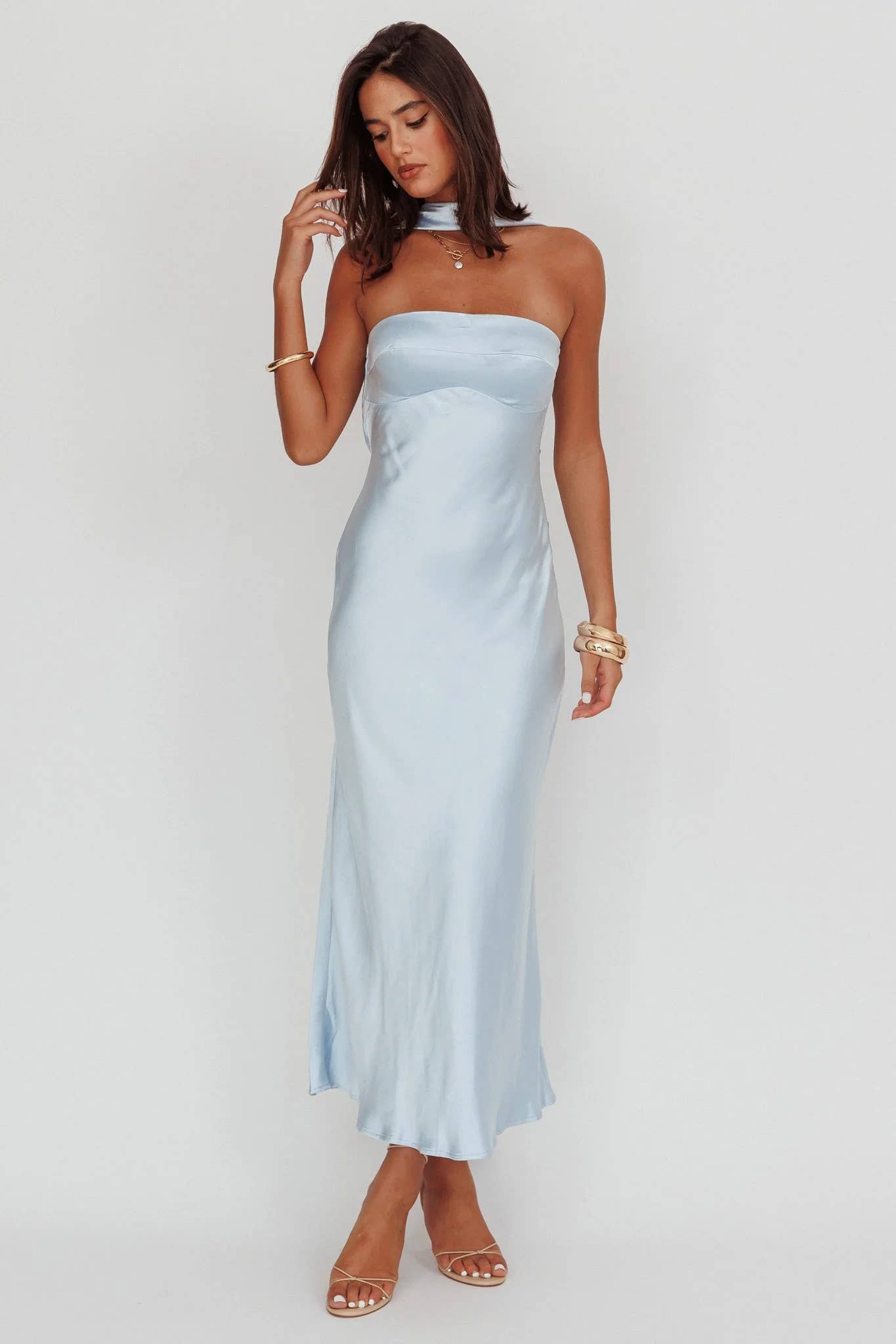 SCARF NECK SATIN MAXI DRESS in Baby Blue – Giana Rose Couture