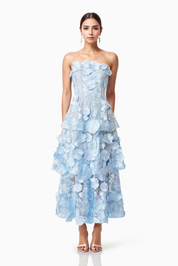 3D Flower Embroidered Strapless Tube Dress in Light Blue