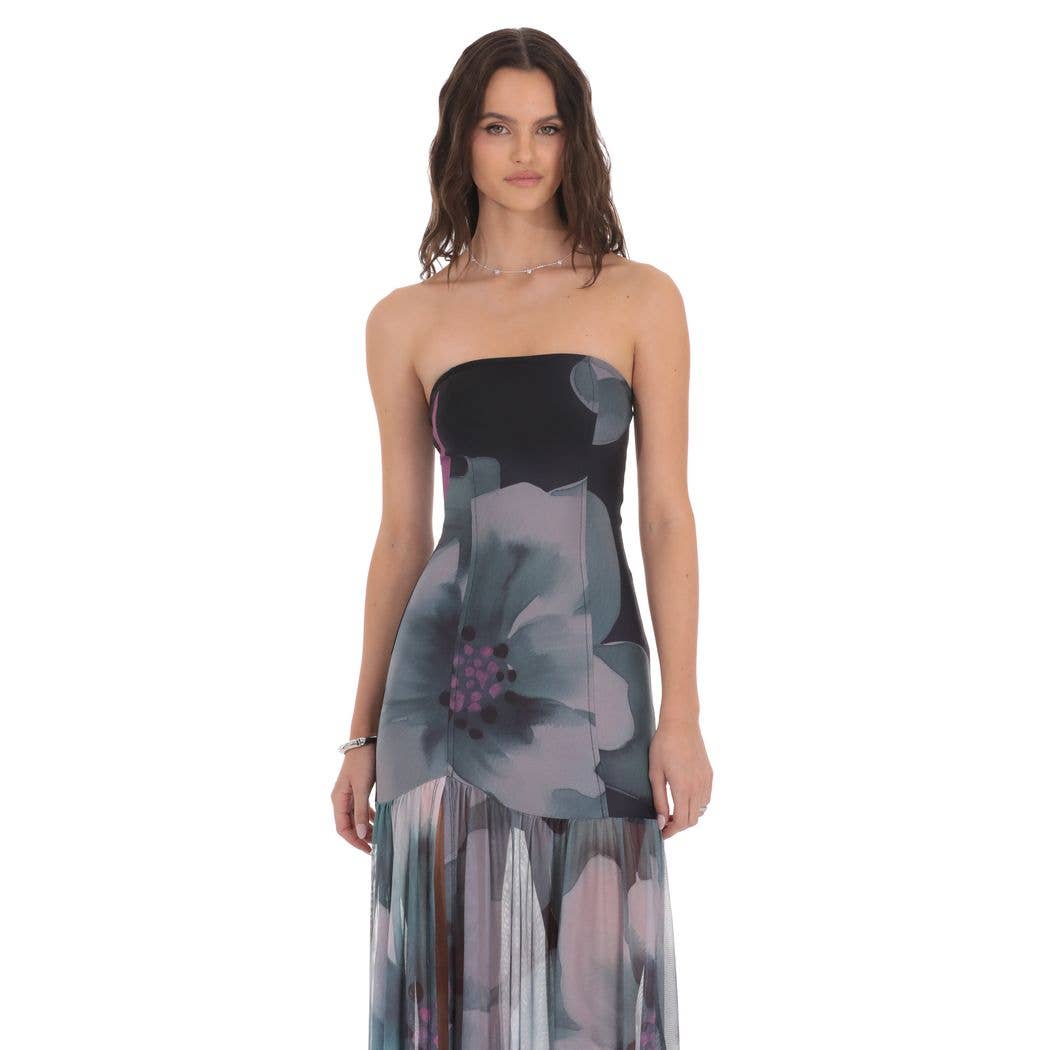 Floral Mesh Strapless Maxi Dress in Navy
