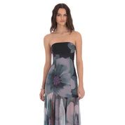 Floral Mesh Strapless Maxi Dress in Navy