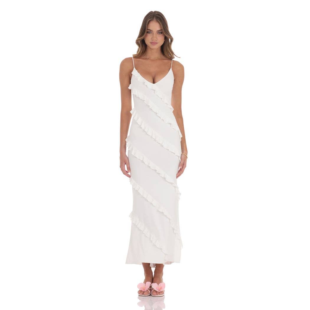 chinese dress ladies Ruffle V-Neck Maxi Dress in White – Giana Rose Couture