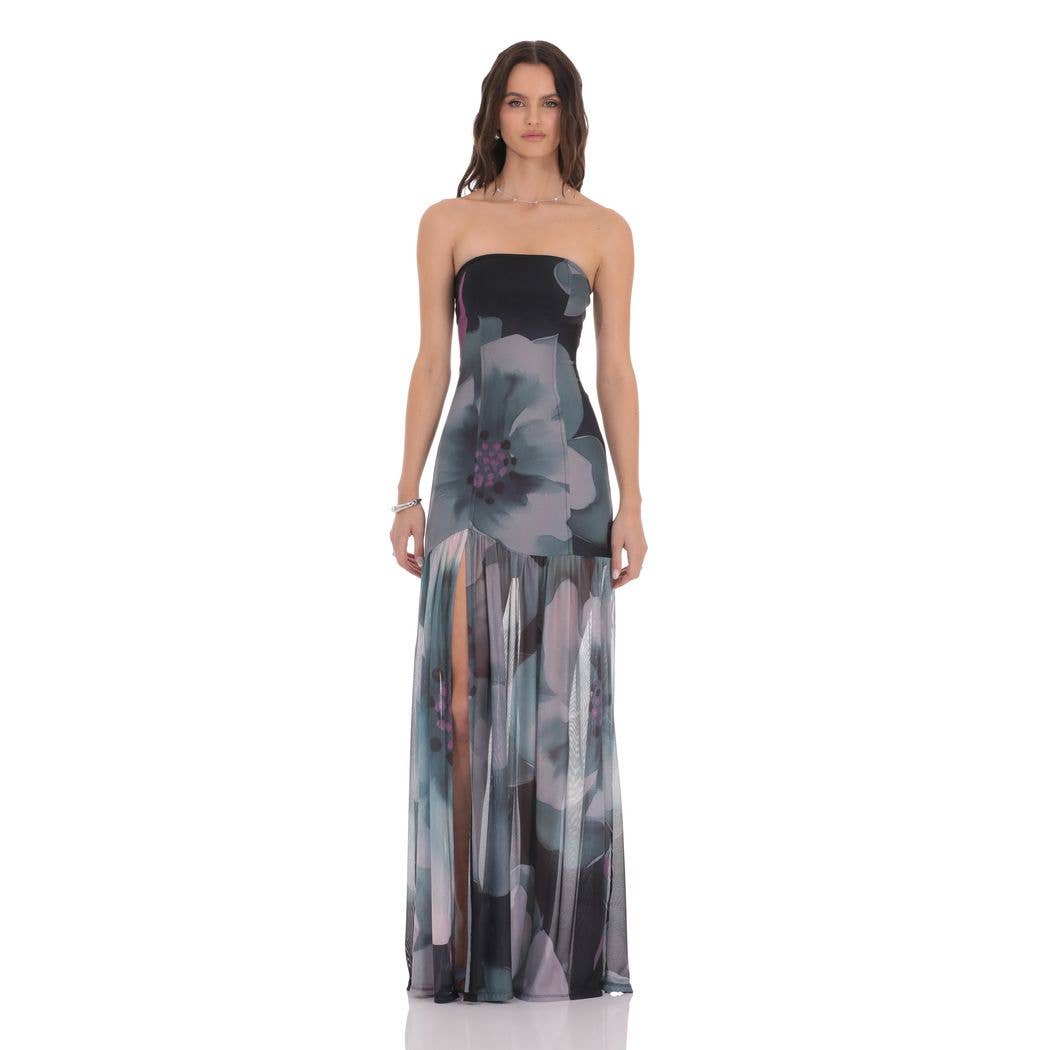 Floral Mesh Strapless Maxi Dress in Navy