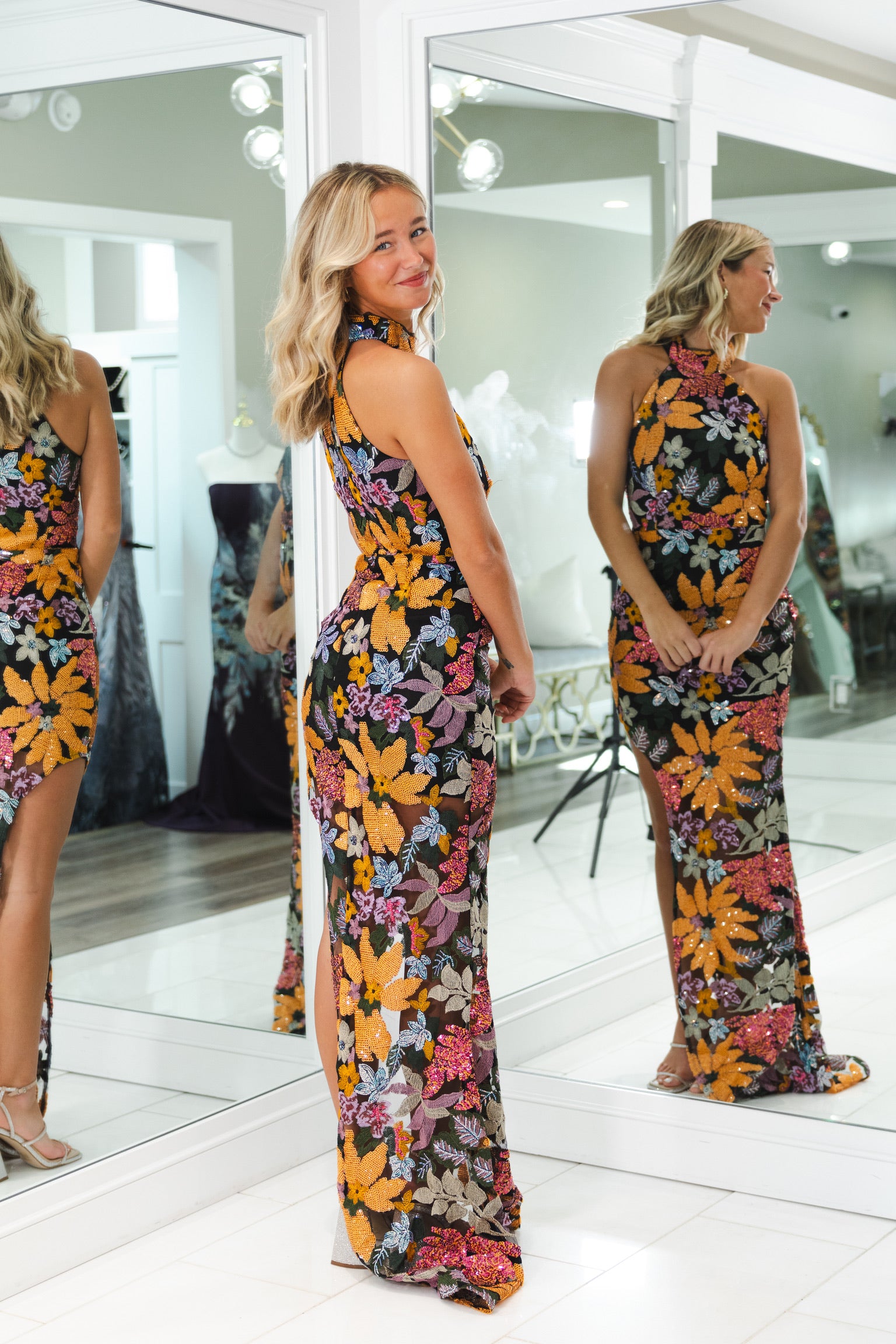 Kiran Halter Gown in Orange Floral