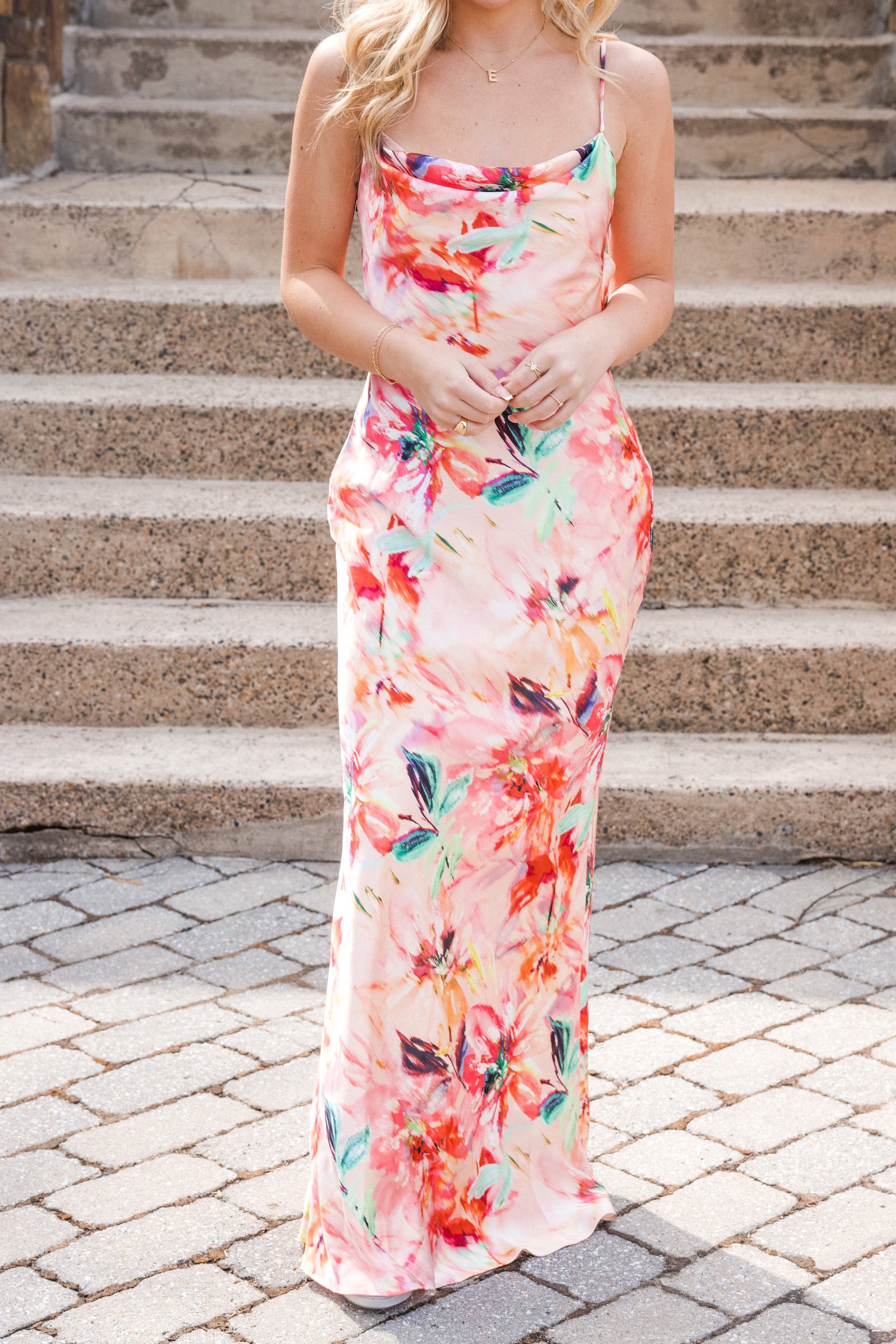 Adeline Sateen Long Dress in Coral Multi