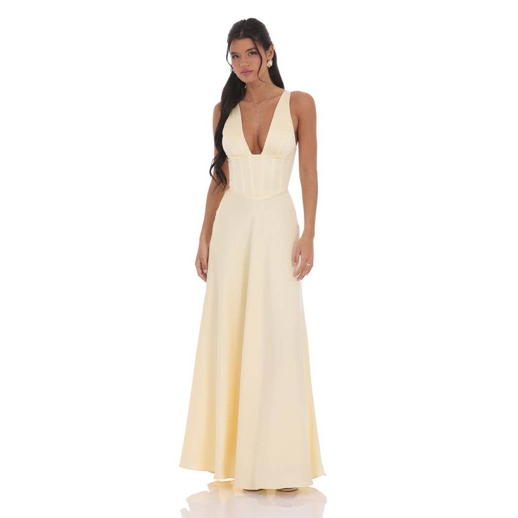 Satin Plunge Neck Corset Maxi Dress in Yellow – Giana Rose Couture
