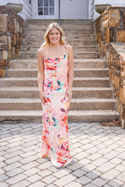 Adeline Sateen Long Dress in Coral Multi