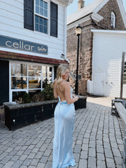 Rhinestone Satin Open Back Maxi Dress in Blue