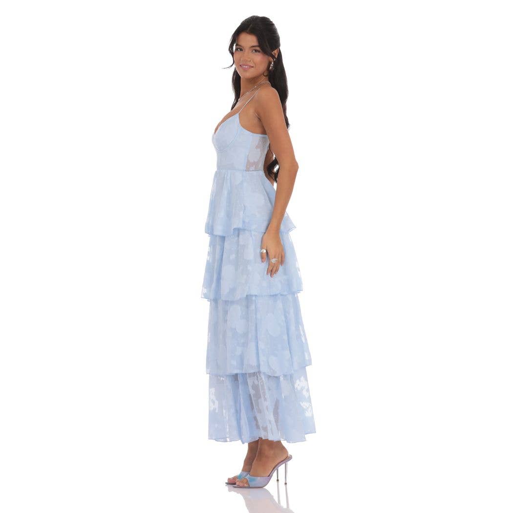 Floral Ruffle A-line Maxi Dress in Sky Blue: S