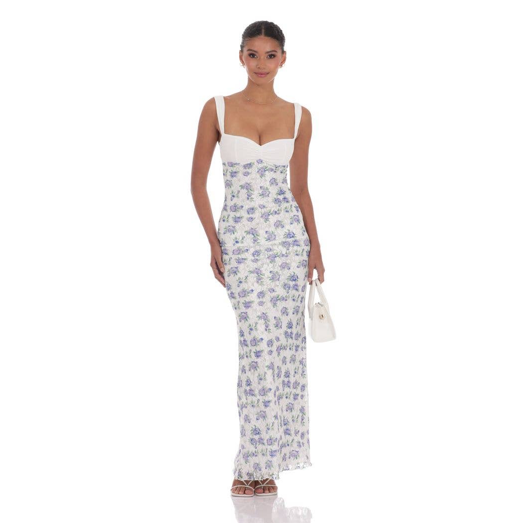 Floral Lace Maxi Dress in White/Blue Giana Rose Couture Floral Lace Maxi Dress in White/Blue Giana Rose Couture