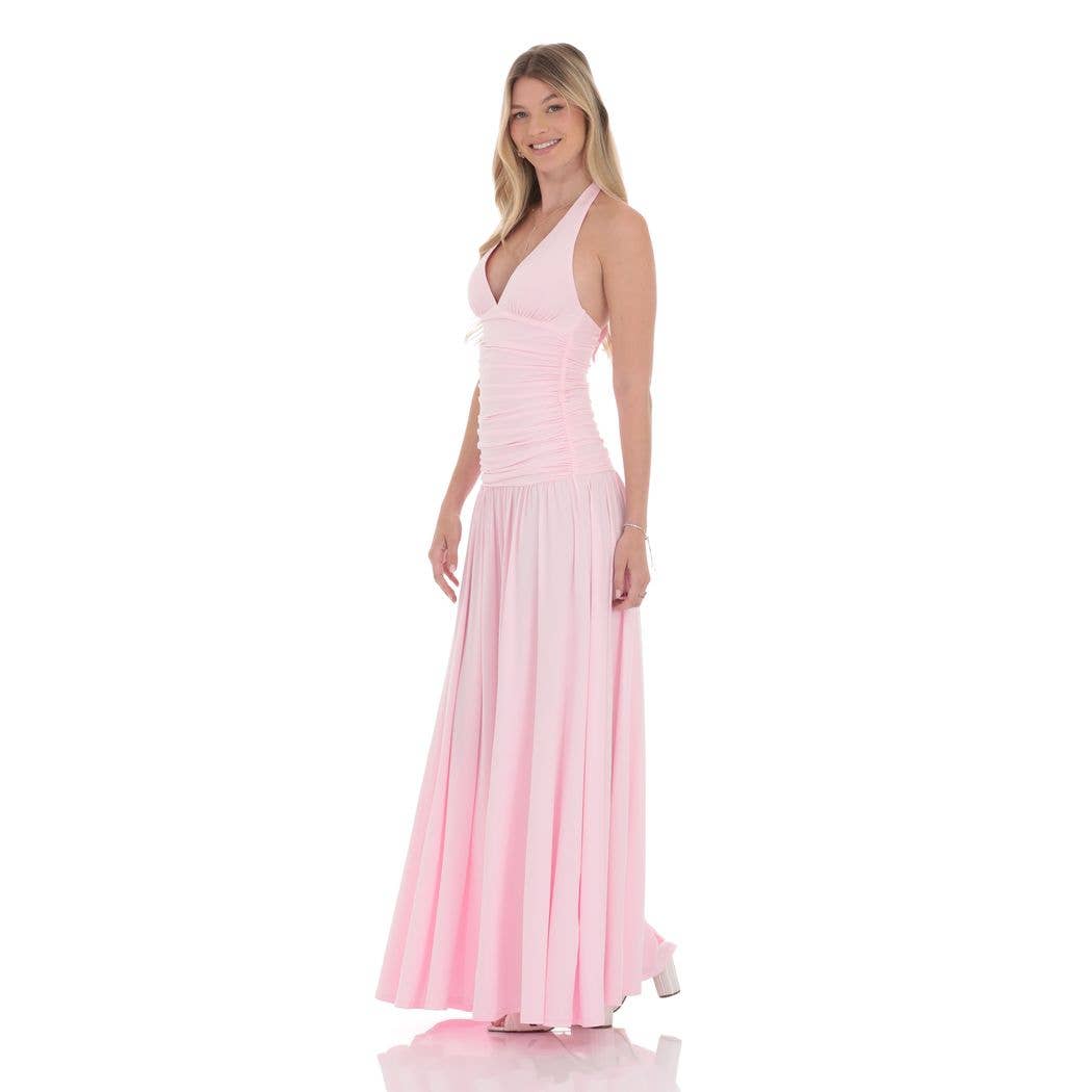 Halter Drop Waist Maxi Dress in Pink