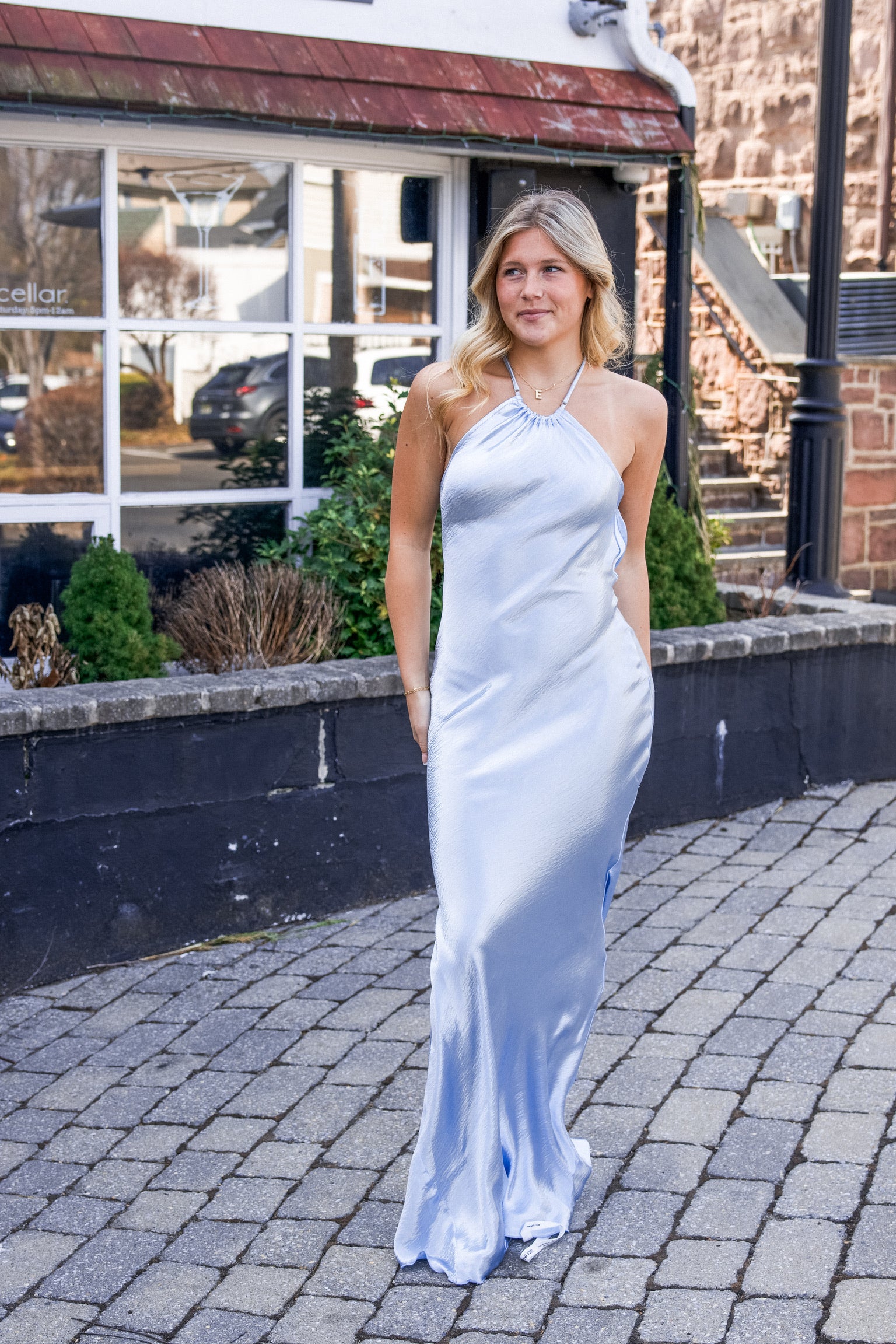 Rhinestone Satin Open Back Maxi Dress in Blue