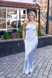 Rhinestone Satin Open Back Maxi Dress in Blue