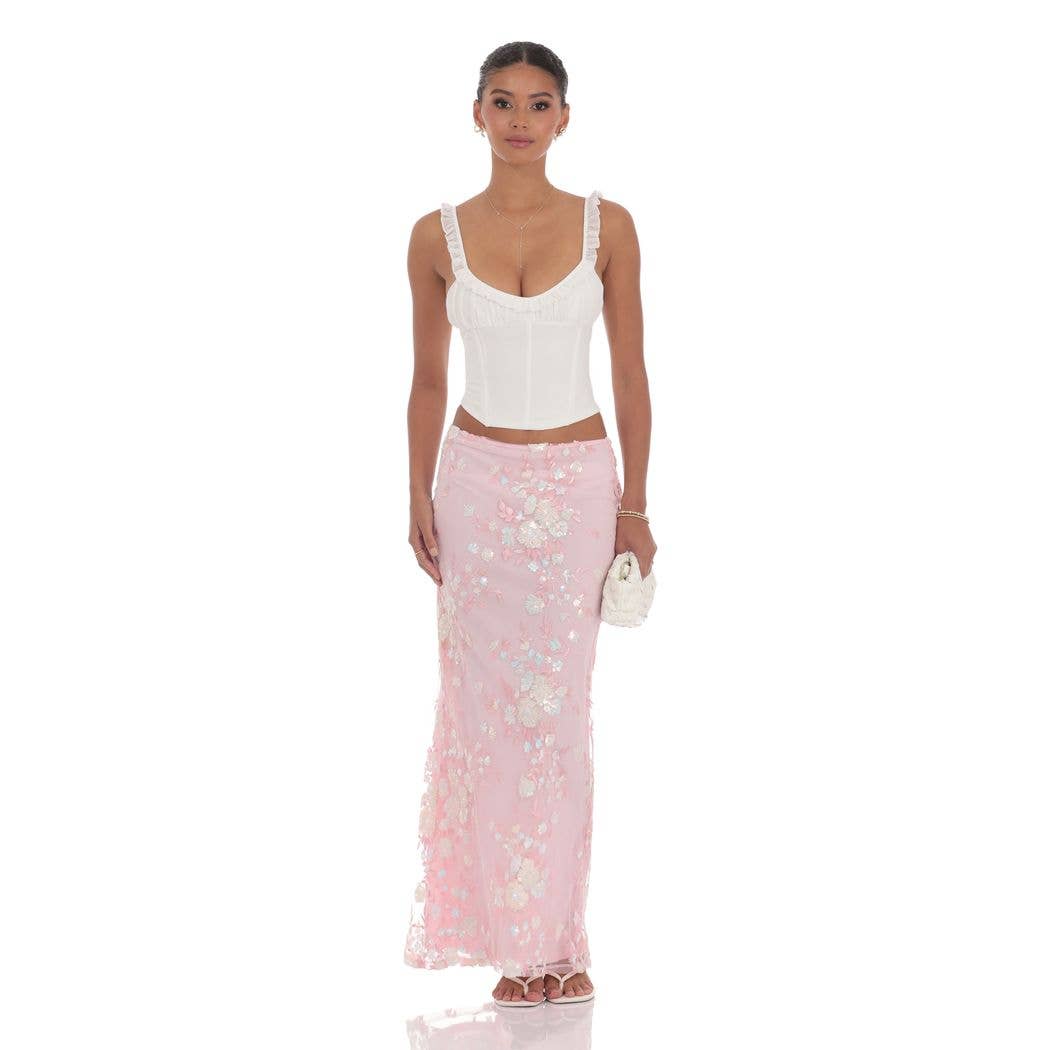 Sequin Floral Mesh Maxi Skirt in Pink