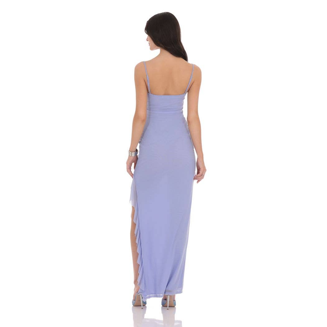 Ruffle Mesh Square Neck Maxi Dress in Periwinkle