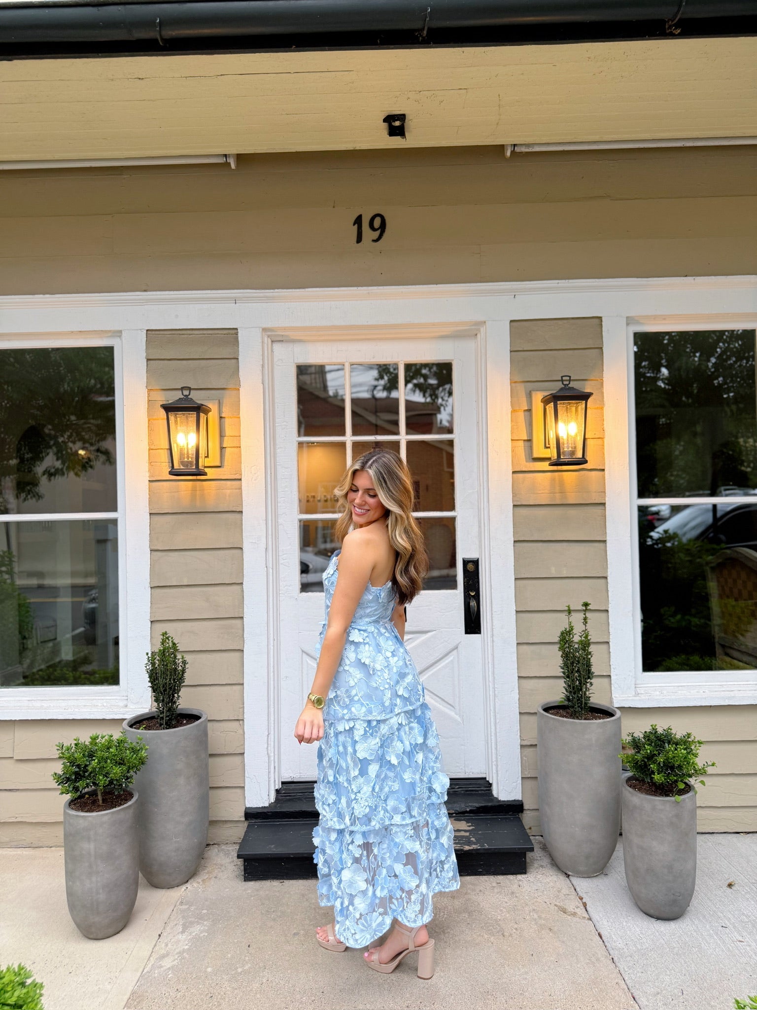 3D Flower Embroidered Strapless Tube Dress in Light Blue