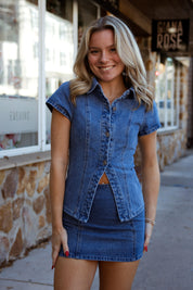 Tate Denim Mini Skirt And Shirt Set