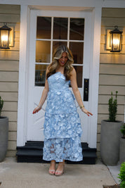 3D Flower Embroidered Strapless Tube Dress in Light Blue