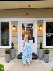 3D Flower Embroidered Strapless Tube Dress in Light Blue
