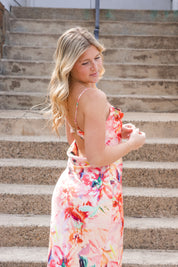 Adeline Sateen Long Dress in Coral Multi