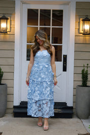 3D Flower Embroidered Strapless Tube Dress in Light Blue