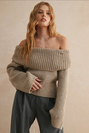 Off the Shoulder Button Back Sweater in Oatmeal