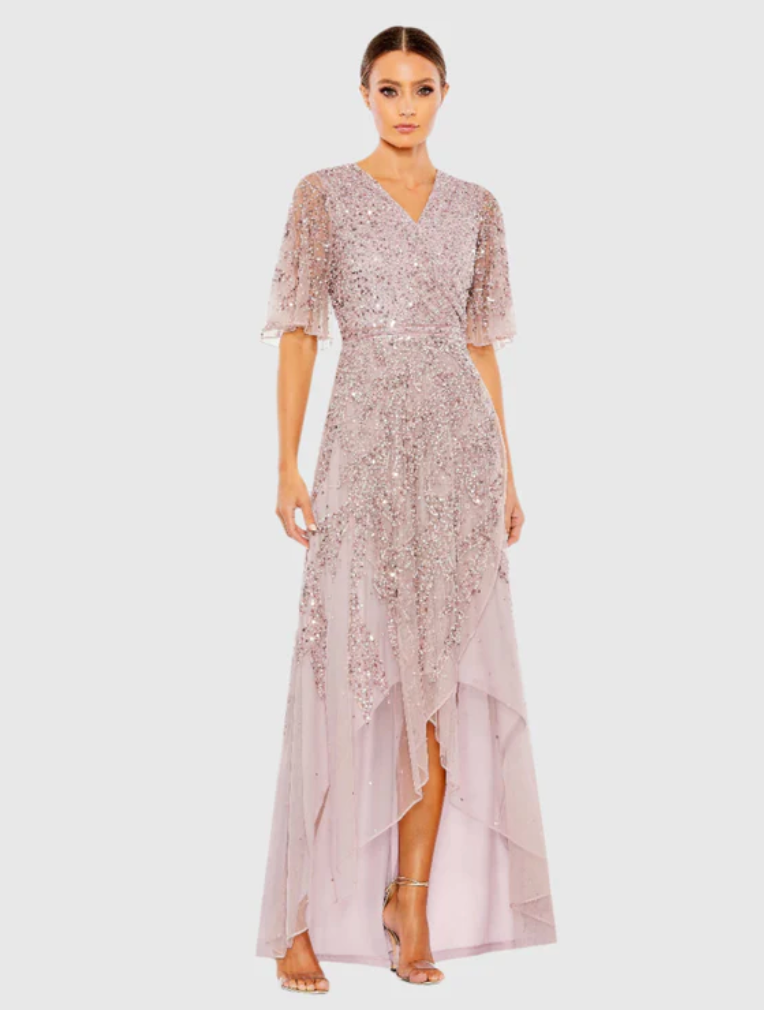 Mac Duggal 93681 Sequined Butterfly Sleeve High Low Gown