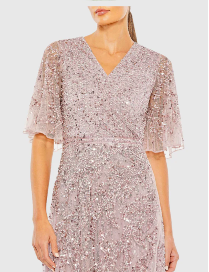 Mac Duggal 93681 Sequined Butterfly Sleeve High Low Gown