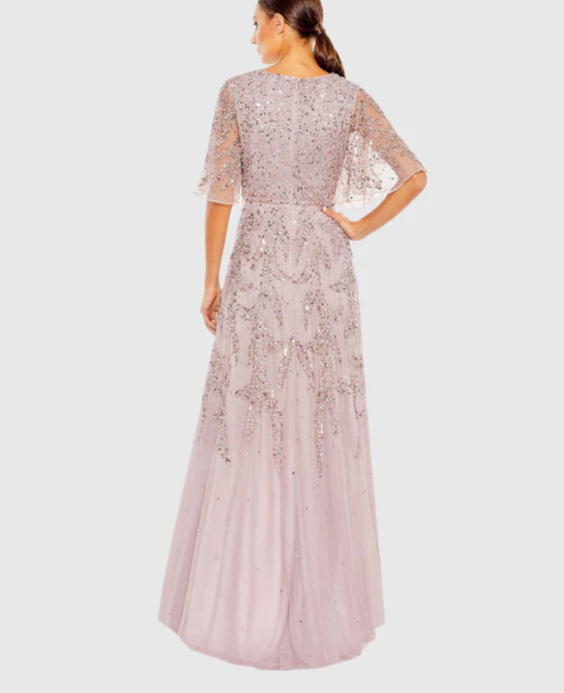 Mac Duggal 93681 Sequined Butterfly Sleeve High Low Gown