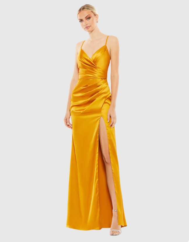 Satin Sleeveless Faux Wrap Ruched Gown - Mac Duggal Marigold / 6 Satin Sleeveless Faux Wrap Ruched Gown - Mac Duggal Marigold / 6