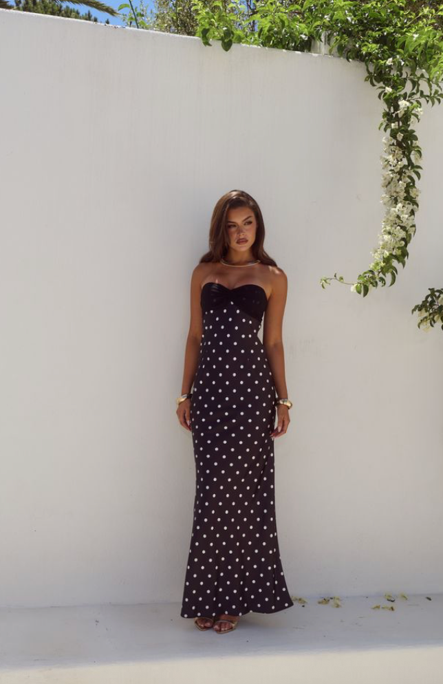 KADIE OFF SHOULDER MAXI DRESS - BLACK/WHITE POLKA