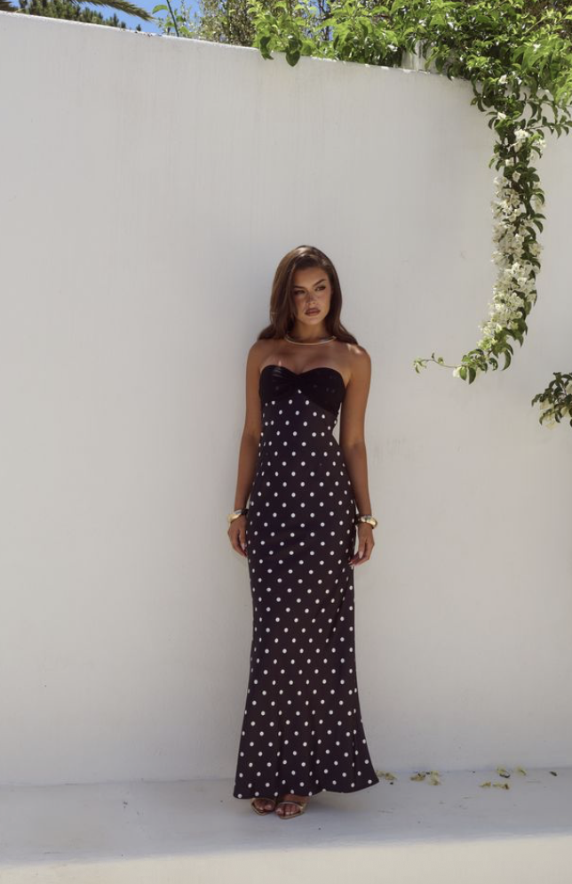 KADIE OFF SHOULDER MAXI DRESS - BLACK/WHITE POLKA