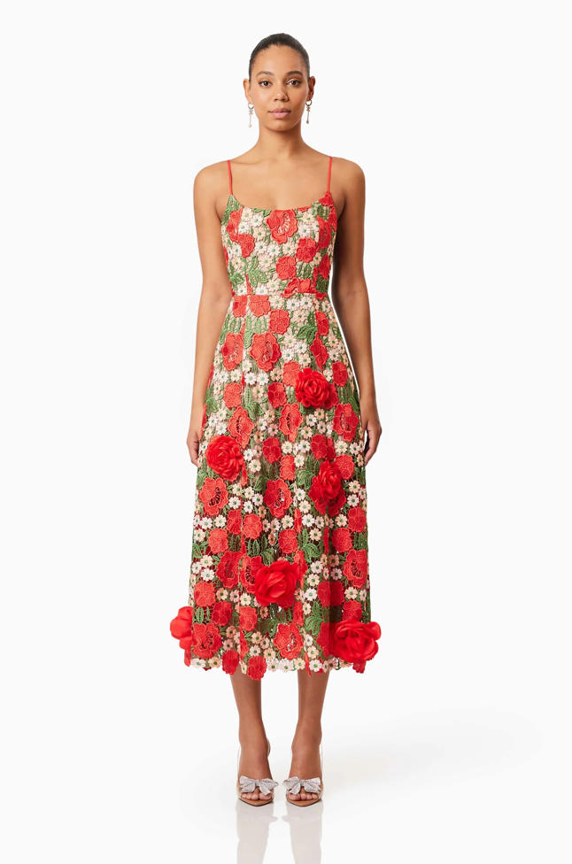 Roselyn Embroidered Midi Dress in Red